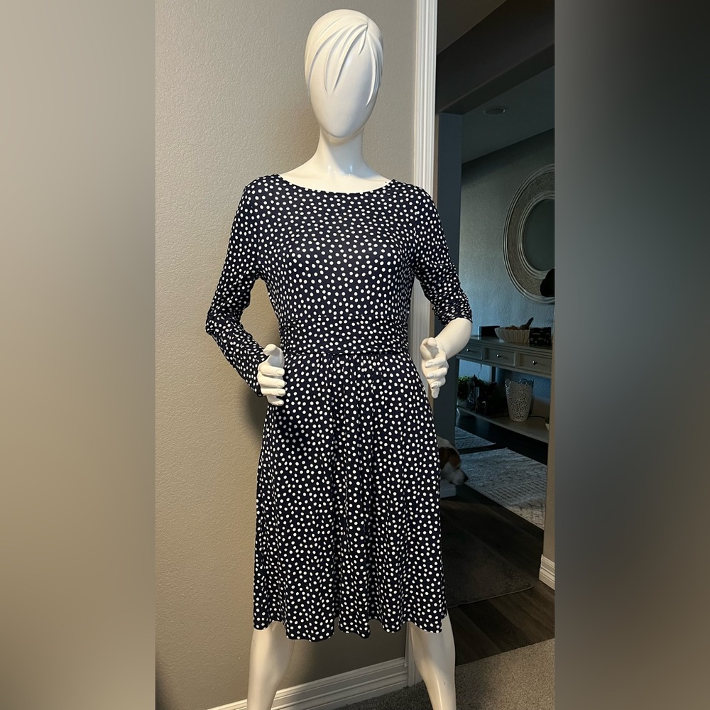Boden Abigail Jersey Dress. Blue and White Polka Dot Fabric 8P